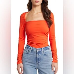 NWT OPEN EDIT Ruched Square Neck Top in Red Alert